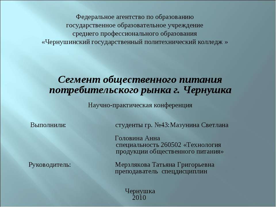Сегмент общественного питания потребительского рынка г.Чернушка