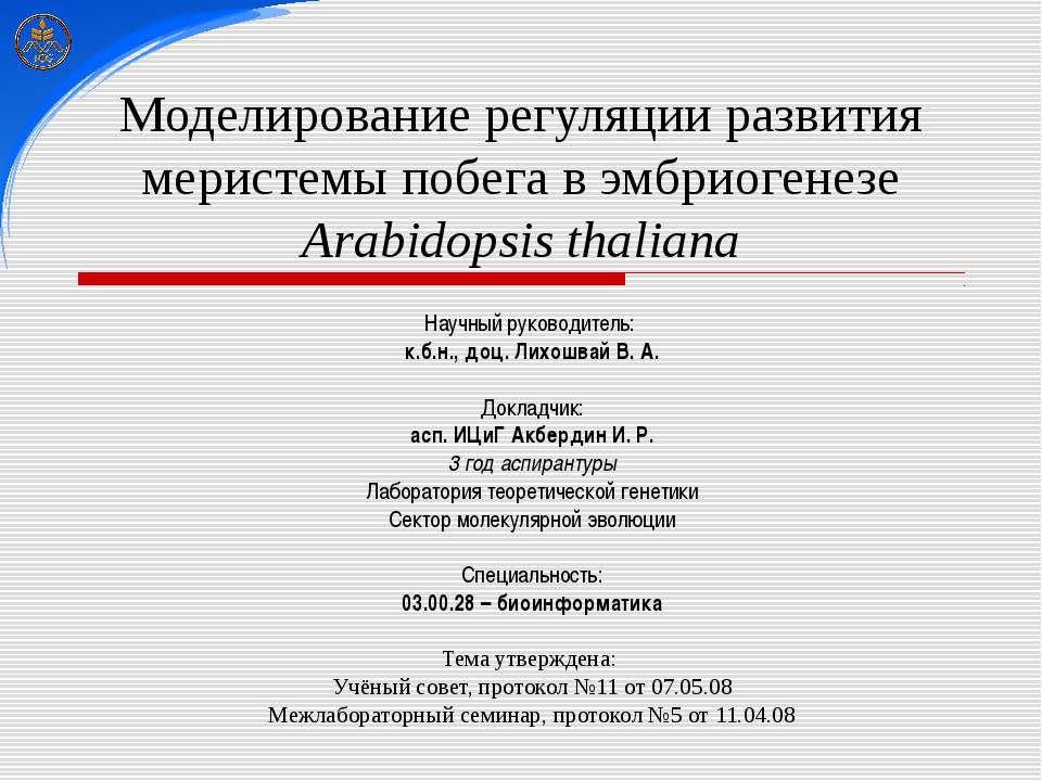 Моделирование регуляции развития меристемы побега в эмбриогенезе Arabidopsis thaliana