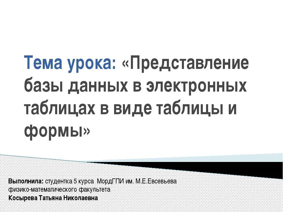 Представление базы данных в электронных таблицах в виде таблицы и формы